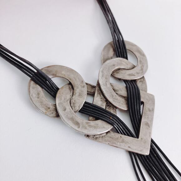 Chunky Chico’s Brutalist Statement Necklace Silver Tone Geometric Coin Tassels - Picture 14 of 14